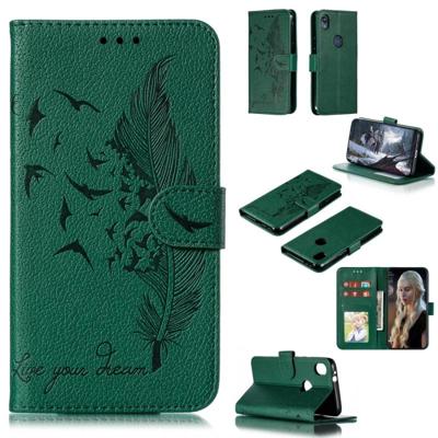 Feather patroon Litchi textuur horizontale Flip lederen draagtas met portemonnee & houder & kaartsleuven voor Motorola Moto E6 (groen)