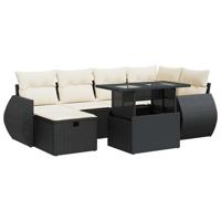 7-delige Loungeset met kussens poly rattan zwart - thumbnail