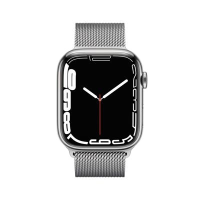Apple Watch Series 7 (GPS + Cellular, 45mm) smartwatch - kast van zilverkleurig roestvrij staal - Zilverkleurig Milanees bandje. Conditie bijhouden, Saturatie-app en Ecg-app, waterbestendig