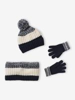Set jongens muts + snood + handschoenen in colorblock nachtblauw - thumbnail