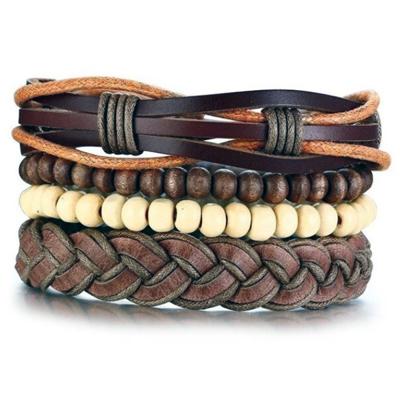 Leren armbanden Set Bruin Houten Kralen