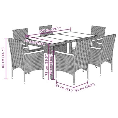 7-delige Tuinset met kussens poly rattan en glas grijs