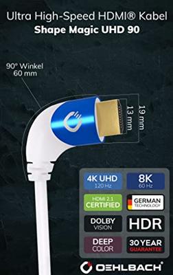 Oehlbach D1C42546 HDMI-kabel HDMI Aansluitkabel HDMI-A-stekker, HDMI-A-stekker 1.50 m Wit 8K UHD, 90° haaks naar links, Afgeschermd (drievoudig)