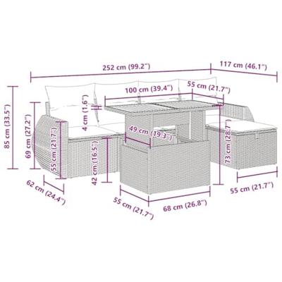 6-delige Loungeset met kussens poly rattan acacia beige