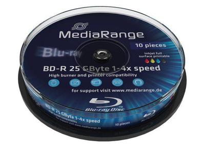 MediaRange BD-R 25 GB 4-voudige schrijfsnelheid, volledig bedrukbaar (inkjetprinter), 10 stuks Cakebox