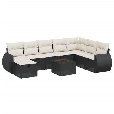 8-delige Loungeset met kussens poly rattan zwart