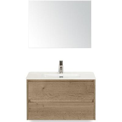Dante Badmeubelset 80 cm - Natuur Eiken - Keramische Wastafel Wit Cover met Spiegel