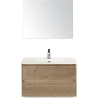 Dante Badmeubelset 80 cm - Natuur Eiken - Keramische Wastafel Wit Cover met Spiegel - thumbnail