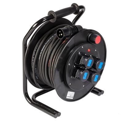 40 meter kabelhaspel zwart 3x1.5mm² met CEE 16A contactdozen rubberkabel Titanex thermisch beveiligd