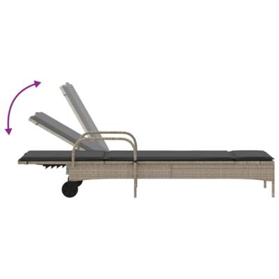Ligbed met wielen en kussens poly rattan lichtgrijs - thumbnail