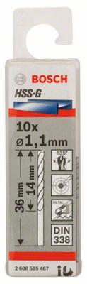 Bosch Accessories 2608585467 2608585467 HSS Metaal-spiraalboor 1.1 mm Gezamenlijke lengte 36 mm Geslepen DIN 338 Cilinderschacht 10 stuk(s)