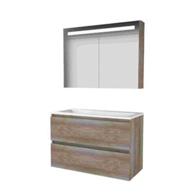Basic-Line Premium 46 Badkamermeubelset - 100 x 46 cm - Greeploos - 2 Lades - Acryl Wastafel - Zonder Kraangat - Spiegelkast met LED Verlichting - Scotch Oak