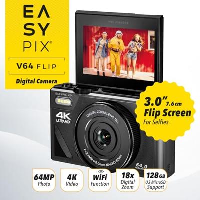 Easypix V64 Flip Digitale camera 13 Mpix Zwart Geïntegreerde accu, WiFi, 4K video, Full-HD video-opname - thumbnail