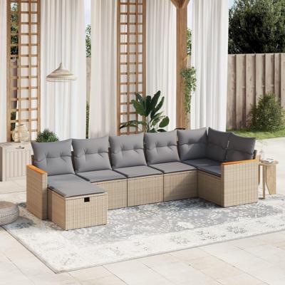 7-delige Loungeset met kussens poly rattan gemengd beige
