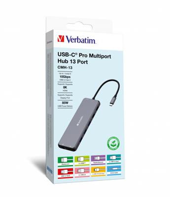 Verbatim USB C Hub 13-in-1, multipoort-adapter USB-C naar HDMI, RJ45, USBA-A en USB-C PD, met SD-kaartlezer, voor Mac, MacBook Pro/Air, iPad Pro, Thinkpad, Windows Computer, Laptop en Co