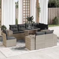 9-delige Loungeset met kussens poly rattan lichtgrijs - thumbnail