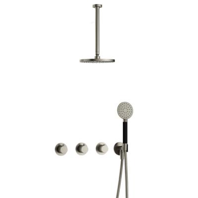 Hotbath Cobber - CB7067 - Inbouw Regendoucheset - Geborsteld Nikkel - 2 Stopkranen - Thermostatisch - Plafondbuis 30 cm - Hoofddouche 200 mm - Ronde Handdouche 3 Standen - Waterbesparend