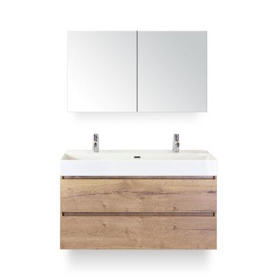 Maxx XL Badmeubelset 120 cm - Natuur Eiken - Wastafel Kube Enkel 2 kraangaten - met Spiegelkast