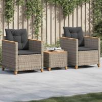 3-delige Bistroset met kussens poly rattan en acaciahout grijs - thumbnail