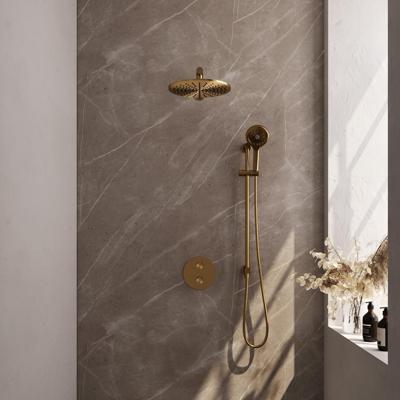 Brauer Gold Carving Thermostatische Regendoucheset Inbouw - Hoofddouche 30 cm - Rechte Wandarm - 3 Weg - Handdouche Rond 3 Standen - Doucheslang - Geintegreerde Glijstang - Geborsteld Goud