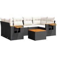 7-delige Loungeset met kussens poly rattan zwart - thumbnail