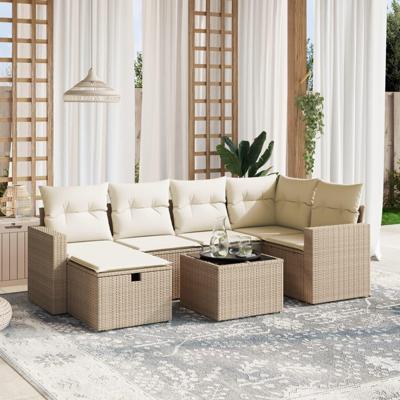 7-delige Loungeset met kussens poly rattan beige