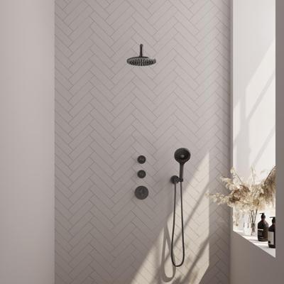Brauer Gunmetal Carving Thermostatische Regendoucheset Inbouw - Hoofddouche 20 cm - Gebogen Wandarm - Handdouche 3 Standen - Doucheslang - Wandaansluitbocht - Gunmetal