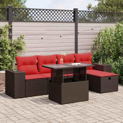 6-delige Loungeset met kussens poly rattan acacia zwart