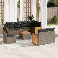 9-delige Loungeset met kussens poly rattan grijs - thumbnail
