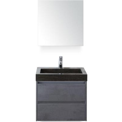 Dante Badmeubelset 60 cm - Beton Antraciet - Wastafel Hardsteen Wit Lucca met Spiegelkast