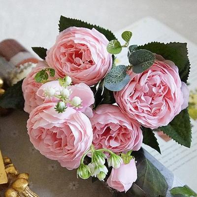5 stuks kunstmatige rose bloemen kleine boeket Flores Home partij bruiloft nep bloem decoratie (roze)