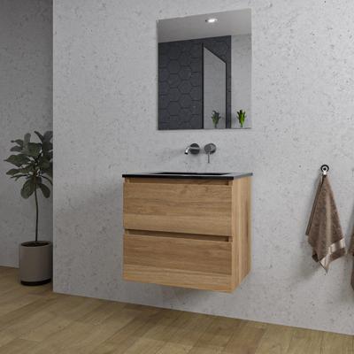 Adema Chaci Badkamermeubelset - 60x46x57cm - 1 keramische wasbak zwart - zonder kraangaten - 2 lades - rechthoekige spiegel - eiken SW1212759/SW773930/SW724610