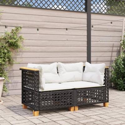 Tuinhoekbanken met kussens 2 st poly rattan zwart - thumbnail