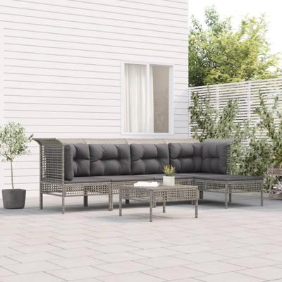 6-delige Loungeset met kussens poly rattan grijs