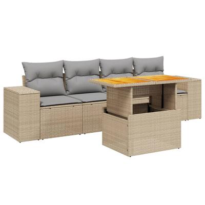 5-delige Loungeset met kussens poly rattan beige
