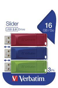 Verbatim Slider USB-stick 16 GB Rood, Blauw, Groen 49326 USB-A 2.0 Verbatim Slider USB-stick 16 GB Rood, Blauw, Groen 49326 USB-A 2.0