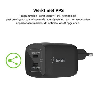 Belkin BoostCharge Pro 2-poorts USB-C GaN-wandlader met PPS (65 W) oplader