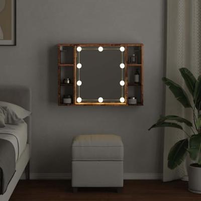 Spiegelkast met LED 76x15x55 cm bewerkt hout oud houtkleurig
