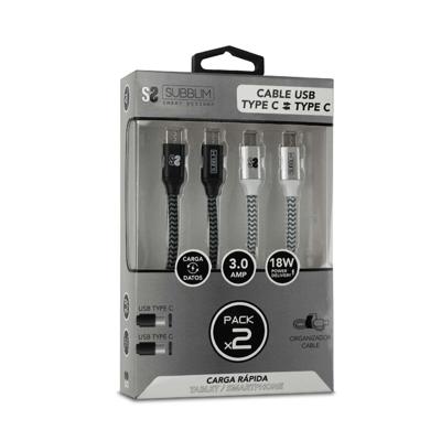 SUBBLIM USB type C-kabel, USB A, snel opladen, 3,0 A, dubbele, gevlochten nylon kabel, 1 m, gegevenssynchronisatie, organizer, zwart/wit, 2 stuks