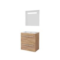 Basic-Line Economic 39 Badkamermeubelset - Ondiep - 80 x 39 cm - Met Grepen - 2 Lades - Keramische Wastafel - 1 Kraangat - Spiegel met LED Verlichting - Whisky Oak - thumbnail