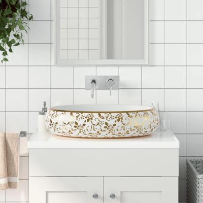 VidaXL Opzetwasbak ovaal 59x40x15 cm keramiek wit en goud