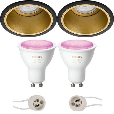 Pragmi Minko Pro - Inbouw Rond - Mat Zwart/Goud - Verdiept - Ø90mm - Philips Hue - LED Spot Set GU10 - White and Color Ambiance - Bluetooth