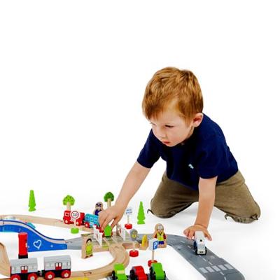 Bigjigs houten treinbaan en autobaan set, 105dlg. - thumbnail