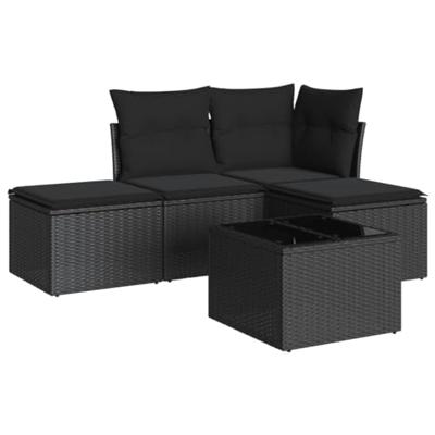 5-delige Loungeset met kussens poly rattan zwart