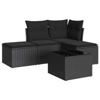 5-delige Loungeset met kussens poly rattan zwart - thumbnail