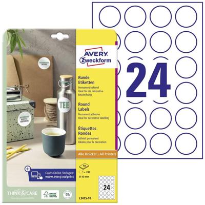 Avery-Zweckform L3415-10 Universele etiketten Ø 40 mm Papier Wit 240 stuk(s) Permanent hechtend Laser (zwart/wit), Laser (kleur) Avery-Zweckform L3415-10 Universele etiketten Ø 40 mm Papier Wit 240 stuk(s) Permanent hechtend Laser (zwart/wit), Laser (kleur)