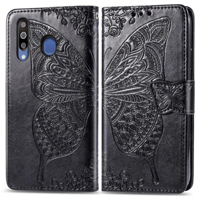 Butterfly Love bloemen reliëf horizontale Flip lederen case voor Galaxy M30 met houder & kaartsleuven & portemonnee & Lanyard (zwart)