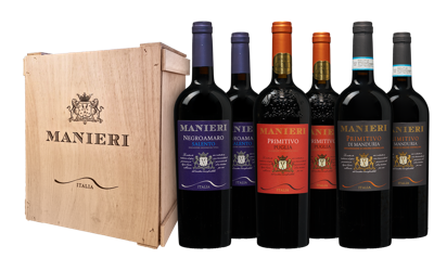 Manieri Primitivo, Negroamaro en Manduria in luxe wijnkist