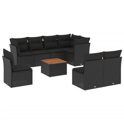 9-delige Loungeset met kussens poly rattan zwart