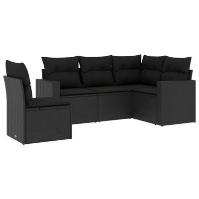 5-delige Loungeset met kussens poly rattan zwart